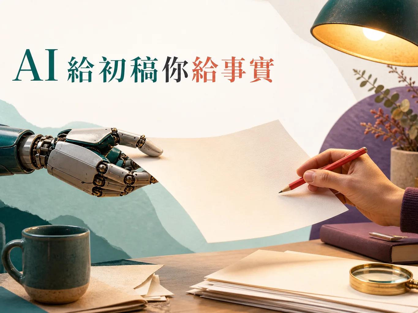 AI 代勞網站文案初稿的概念圖:機械手與人手接力傳遞稿子,畫面文字「AI 給初稿你給事實」