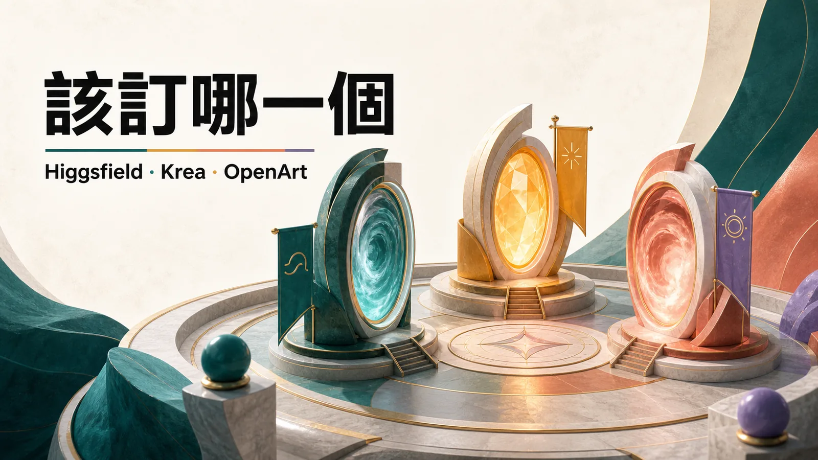 AI 生圖生影片平台比較封面，Higgsfield、Krea、OpenArt 三方對決，圖片文字「該訂哪一個」