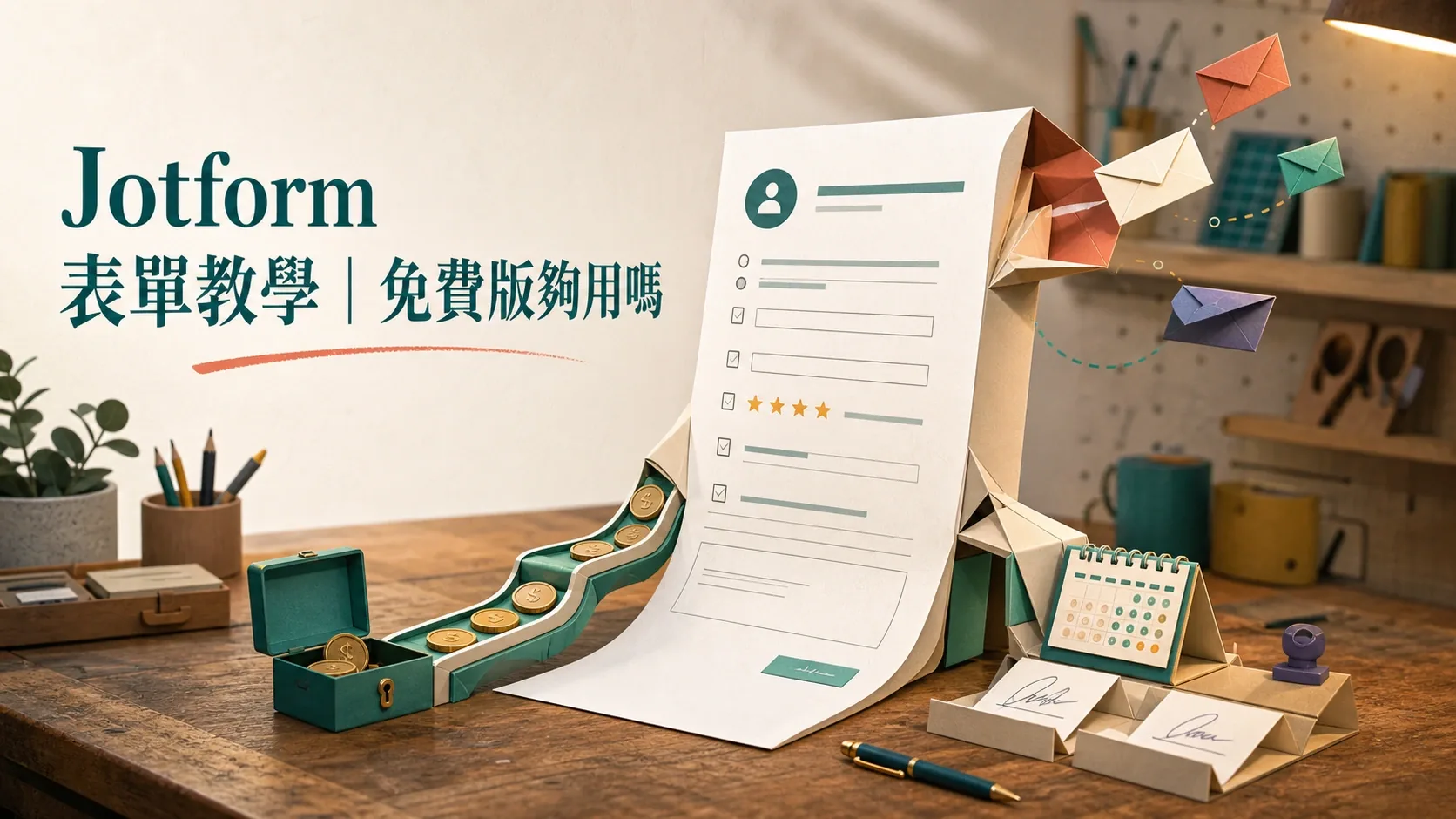 Jotform 表單教學：一張表單化作收款、通知、簽名工作坊的概念插畫，圖片文字「Jotform 表單教學｜免費版夠用嗎」