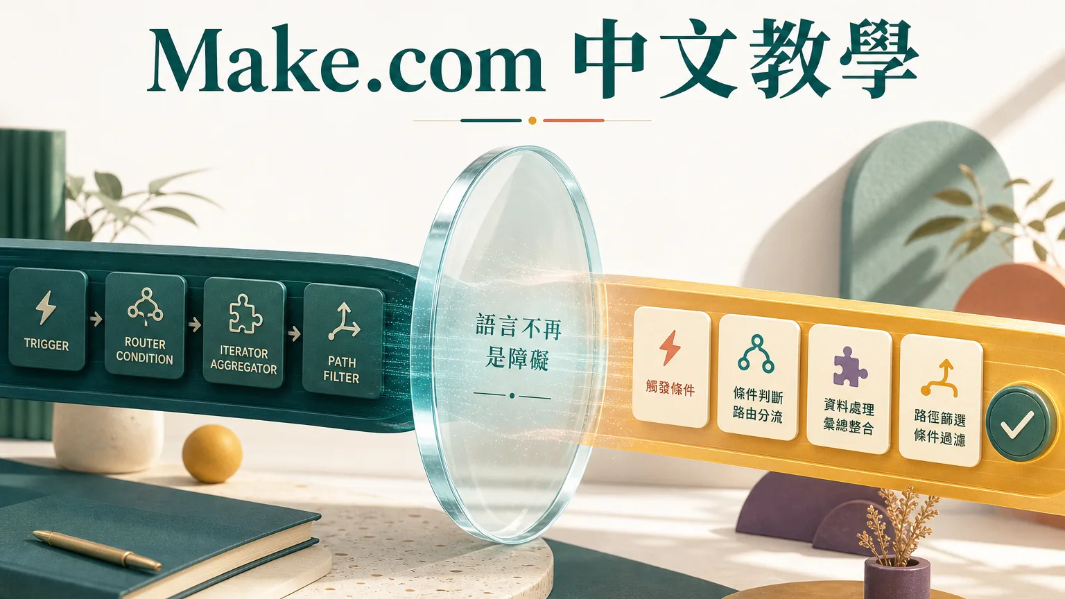 Make.com 中文 教學封面，翻譯鏡片把英文自動化流程變成好讀的中文