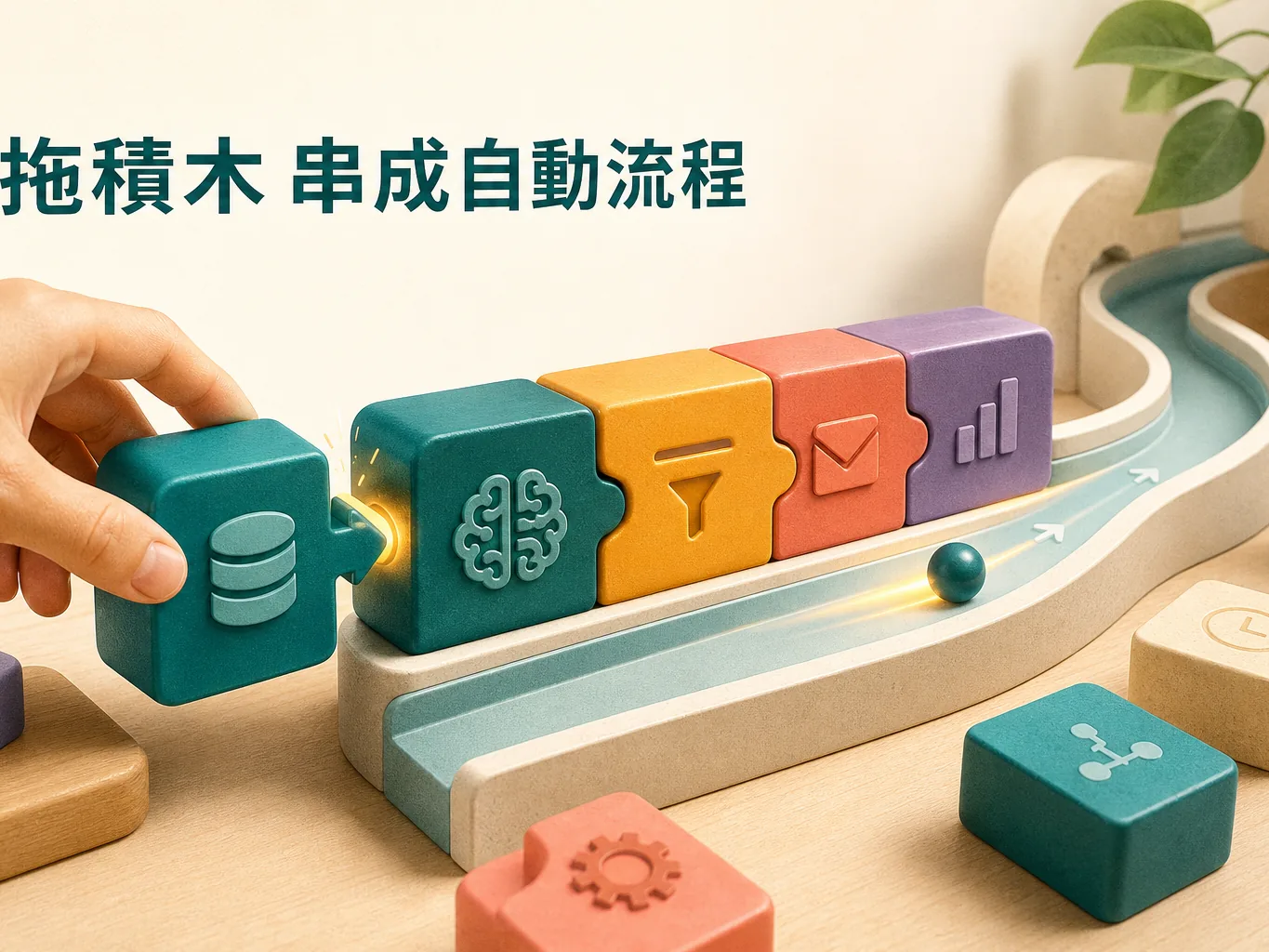 Make.com 是什麼示意，App 積木串成一條會自動跑的流程