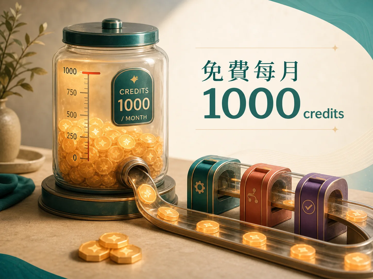 Make.com 免費方案每月 1000 credits 額度會消耗的示意