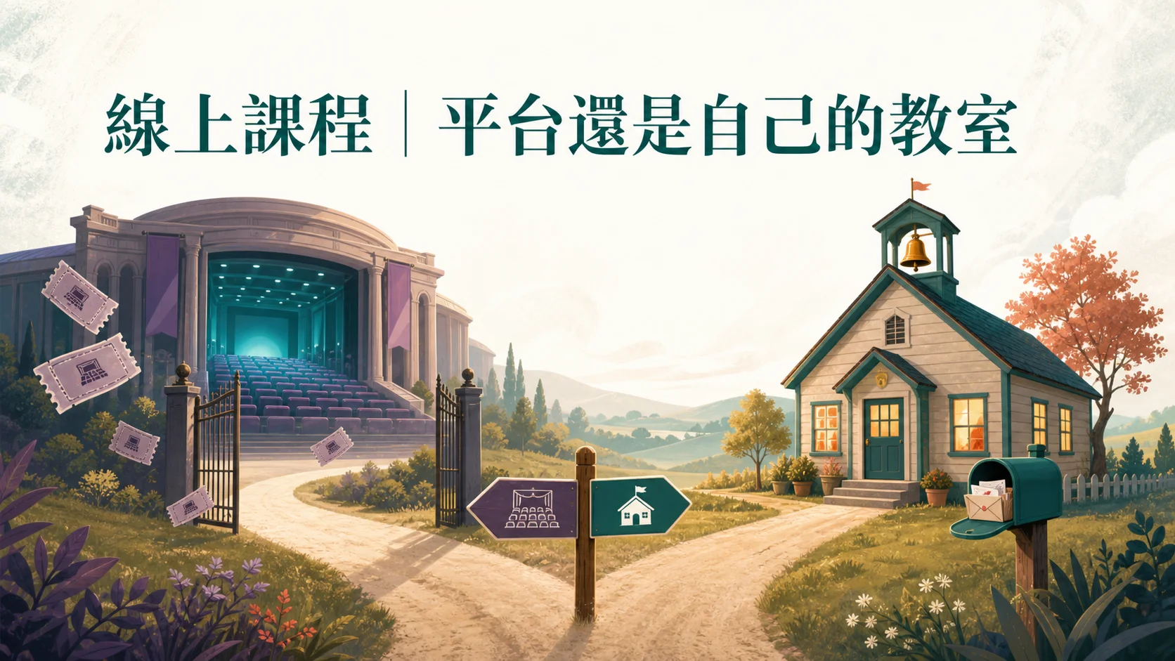線上課程平台還是自己的課程網站：大講堂與自有小教室對望的概念插畫，圖片文字「線上課程｜平台還是自己的教室」