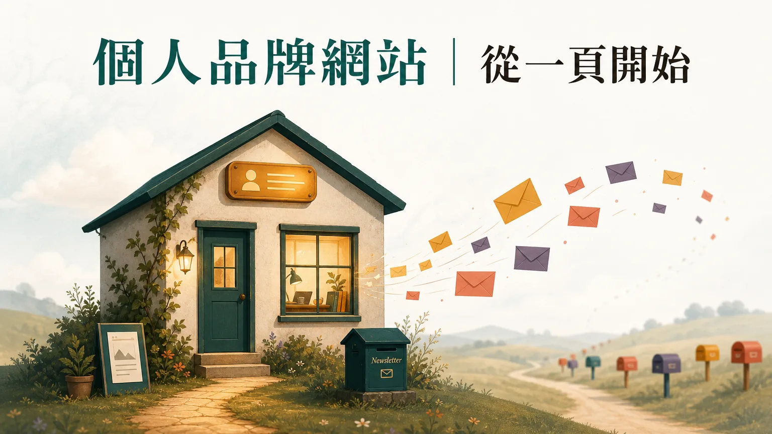 個人品牌網站怎麼開始：掛著發光名牌的小屋與飛向信箱的信件的概念插畫，圖片文字「個人品牌網站｜從一頁開始」