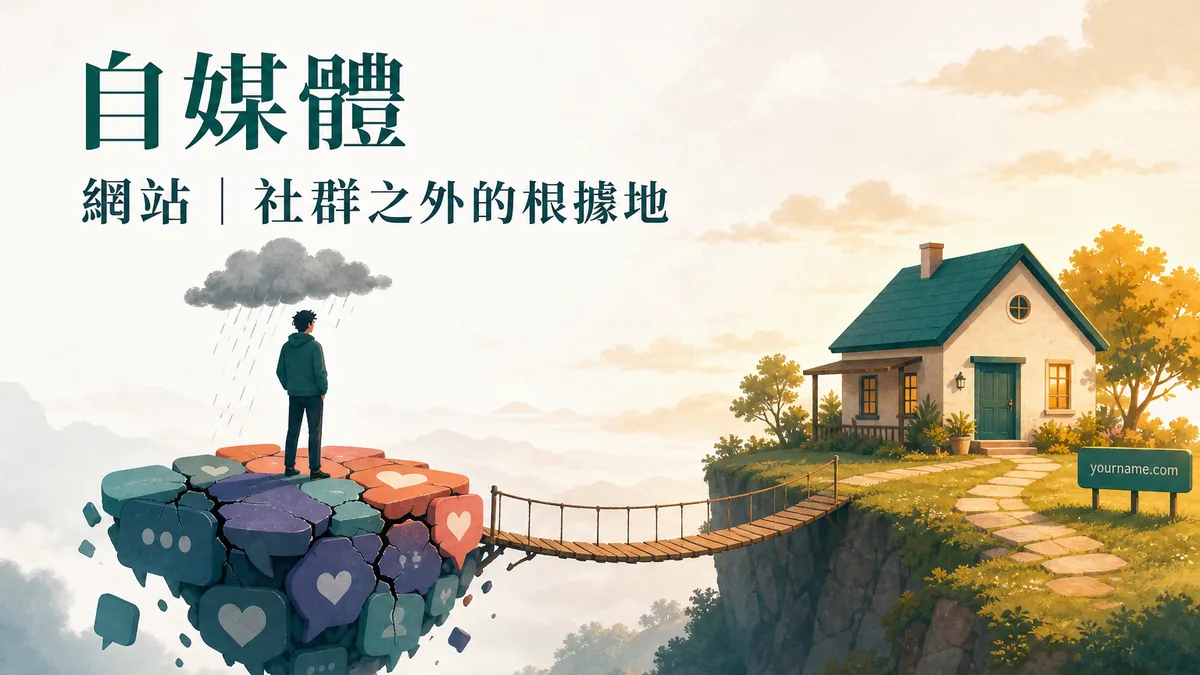 自媒體 網站：漂浮的社群浮島與蓋在實地上的房子的概念插畫，圖片文字「自媒體 網站｜社群之外的根據地」