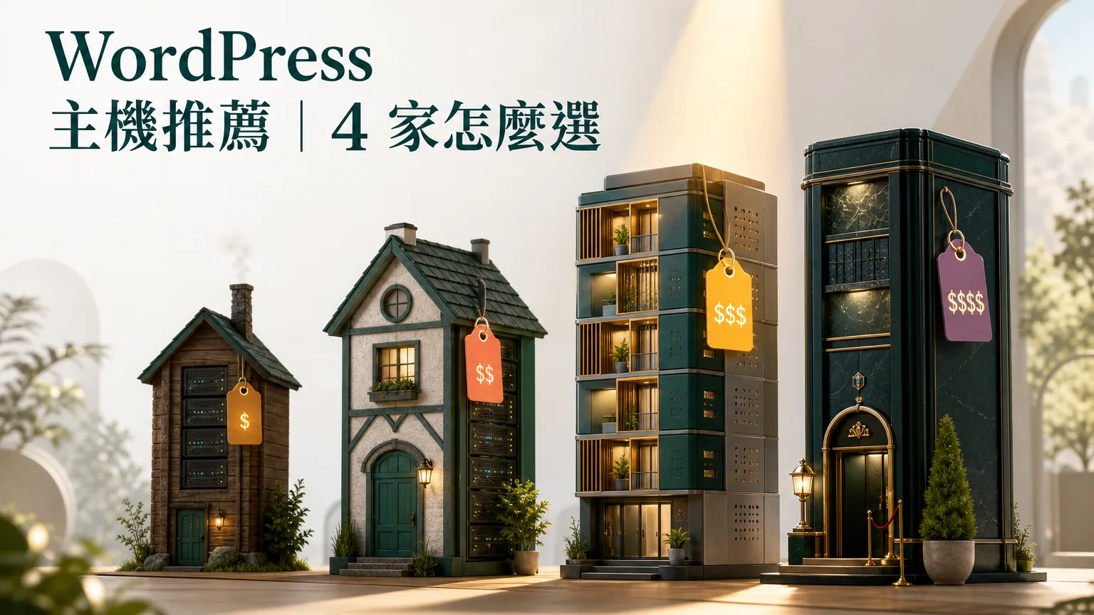 WordPress 主機推薦 2026：四座不同等級的主機塔光譜，聚光燈選出適合的那台，圖片文字「WordPress 主機推薦｜4 家怎麼選」