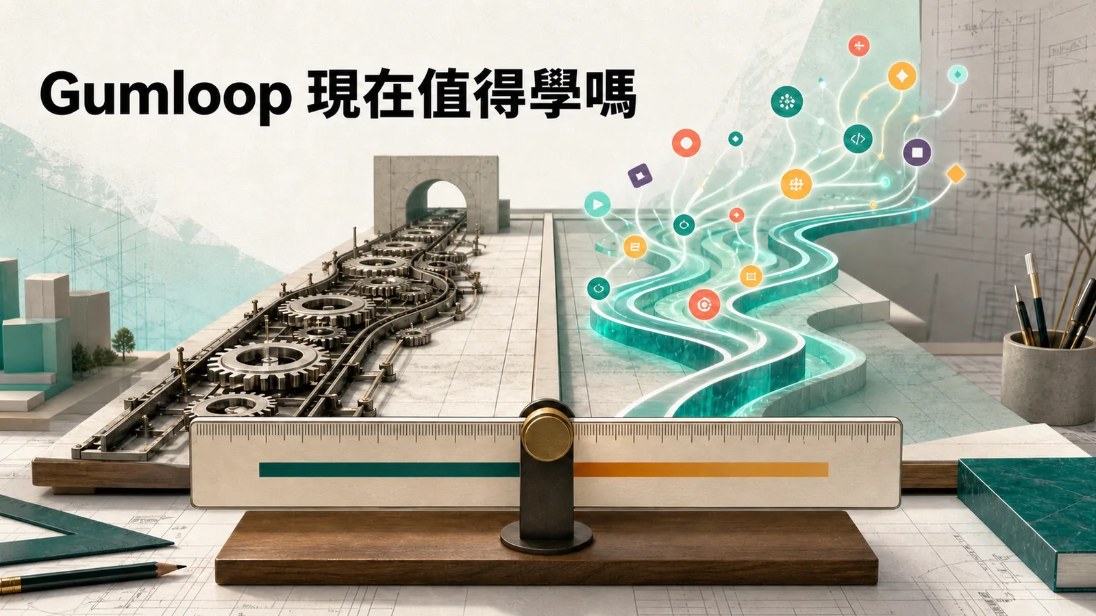 Gumloop 工具決策概念插畫，三條路分別通往 agent、workflow 與既有工具，圖上文字為 Gumloop 現在值得學嗎。