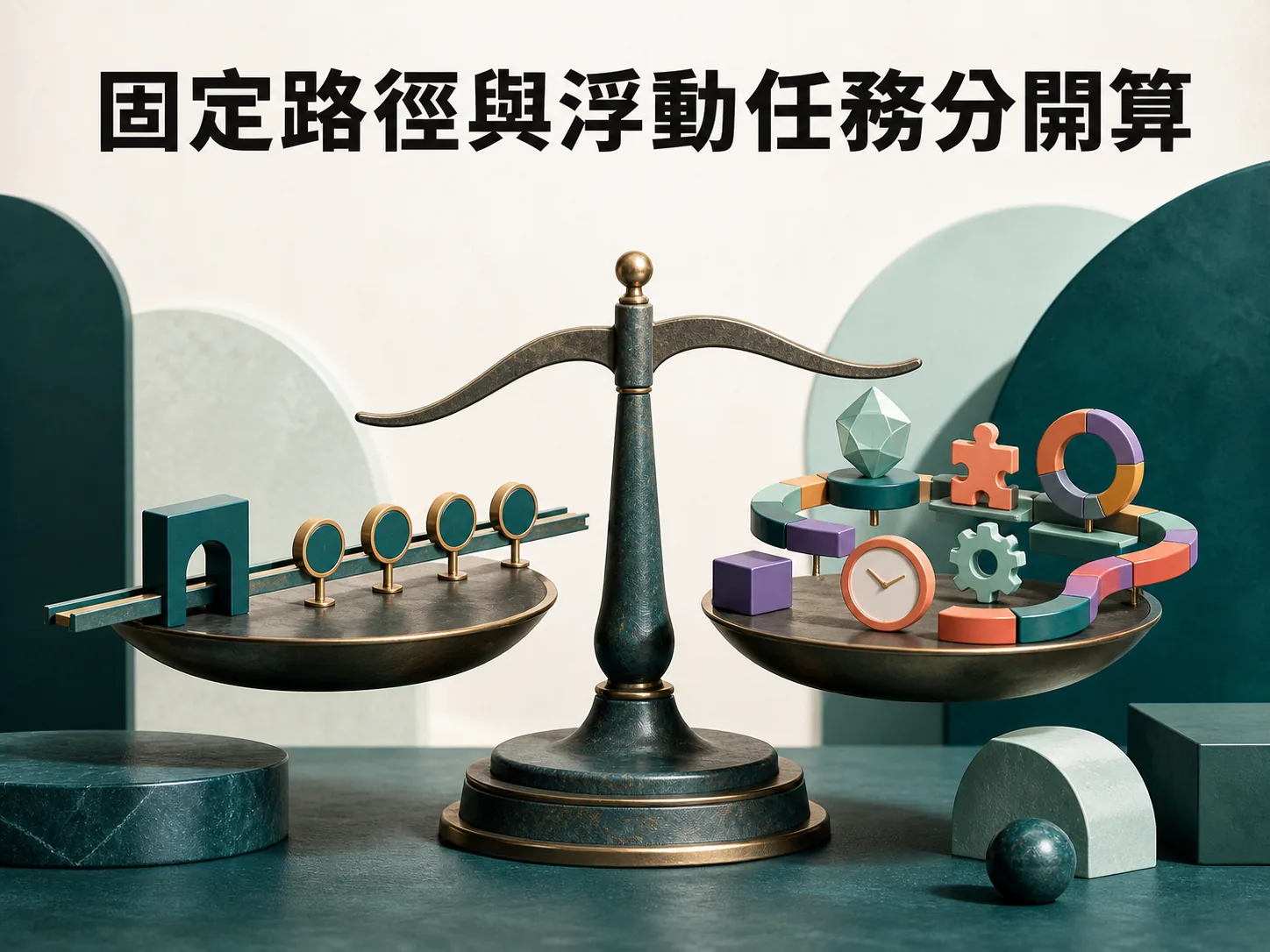 Gumloop credits 概念插畫,左側固定軌道經過基礎閘門與節點,右側浮動路徑經過模型、工具與計時器,圖上文字為 固定路徑與浮動任務分開算。