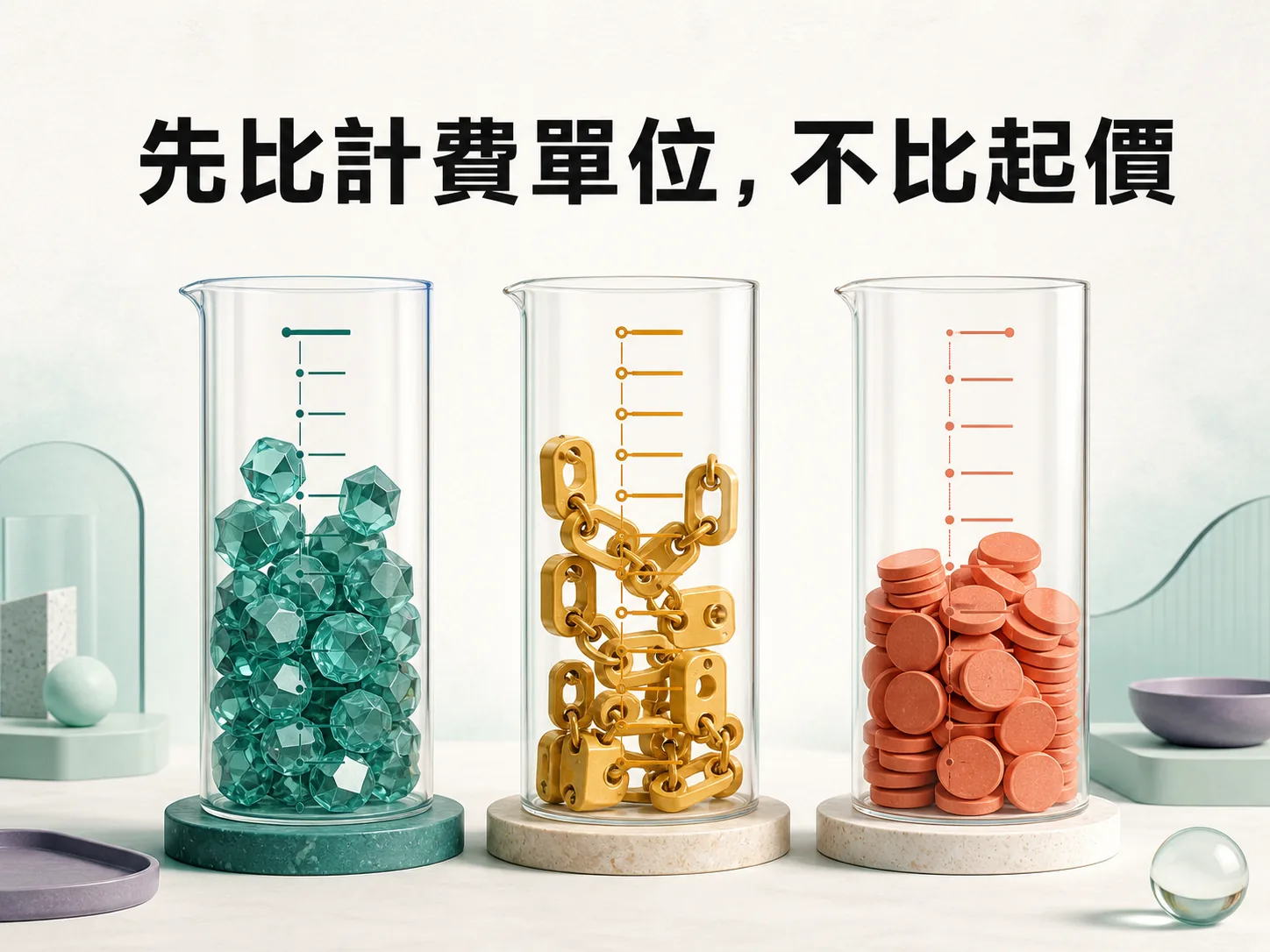自動化工具計費比較概念插畫,三個量杯分別裝入不同形狀的 credits、module actions 與 tasks,圖上文字為 先比計費單位,不比起價。