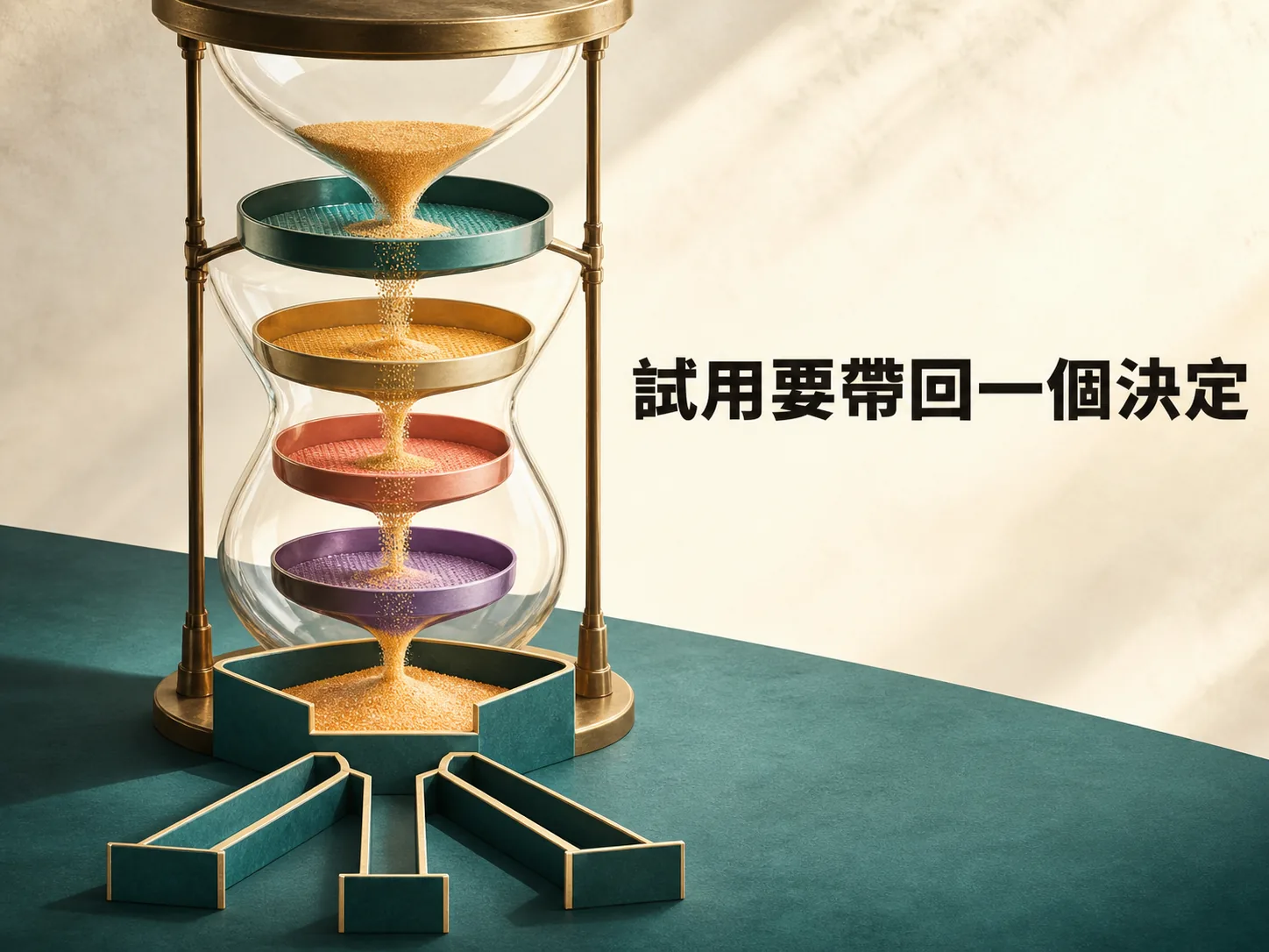 Gumloop 14 天試用概念插畫,沙漏中的沙依序流過四個檢查盤,最後落入三選一決策盒,圖上文字為 試用要帶回一個決定。