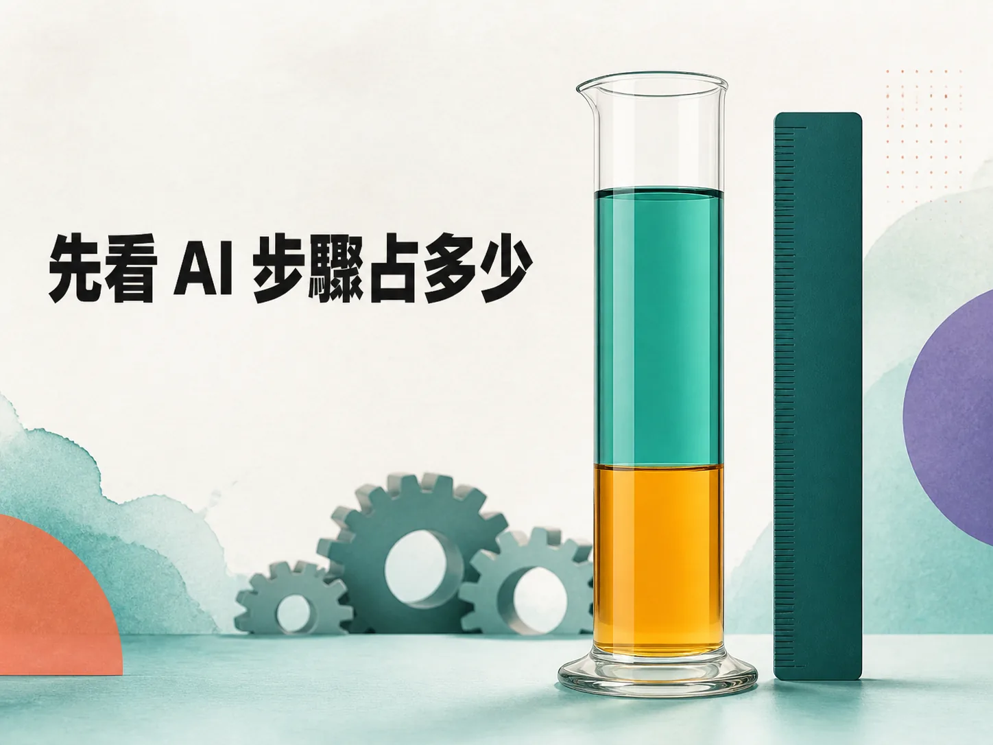 Gumloop 適用條件概念插畫,透明量筒中一段琥珀色液體代表 AI 步驟占比,旁邊是墨綠量尺,圖上文字為 先看 AI 步驟占多少。