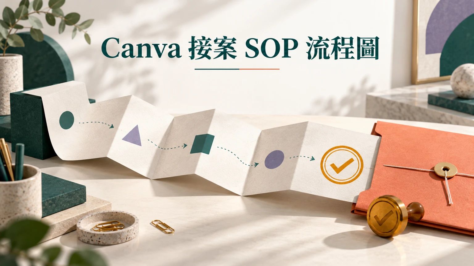 整齊展開的工作流程紙卷與核准印章、交付資料夾，象徵清楚的接案交接