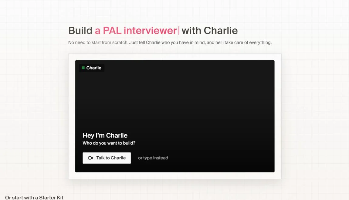 Tavus 評測：PAL Maker 首頁，可以跟 Charlie 用講的或打字描述需求