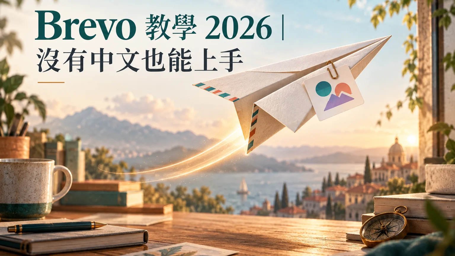 Brevo 教學 2026 封面，一架由信封摺成的紙飛機從書桌起飛，機翼夾著一張中英對照小卡，文字：Brevo 教學 2026｜沒有中文也能上手